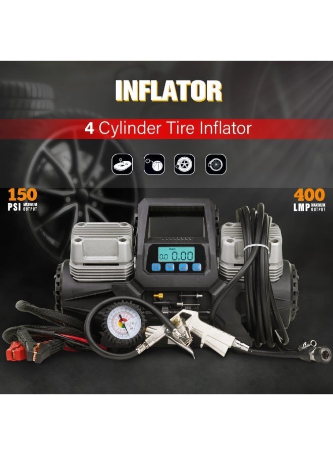 شيزا ستار منفاخ إطارات محمول بـ 4 أسطوانات، ضغط أقصى 150 PSI، تدفق هواء 400 لتر/دقيقة، يعمل بجهد 12 فولت تيار مستمر، مزود بشاشة رقمية وخرطوم هواء - Image 2