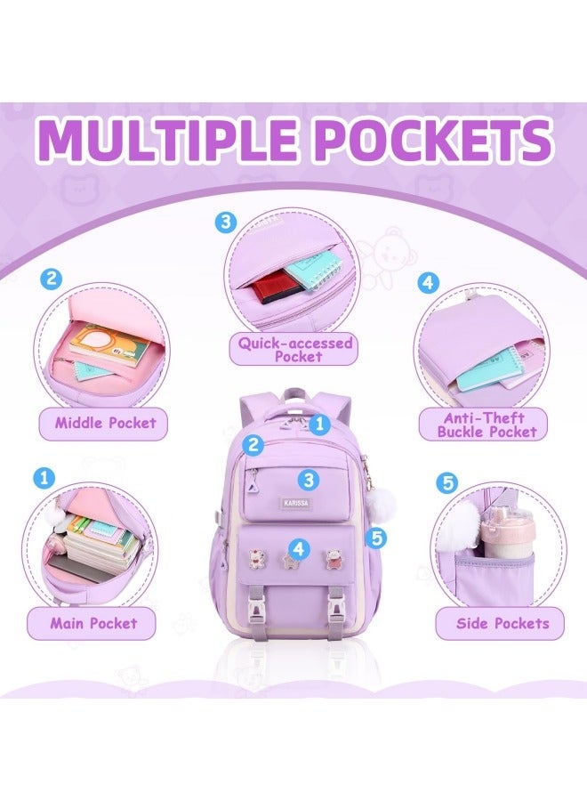 GGEROU Girls Backpack with Pencil BagAesthetic Laptop Backpacks 15.6 Inch Kids Elementary College School Bag Kawaii Large Bookbag Anime Casual Travel Daypack Purple 32*19*47cm - Image 3