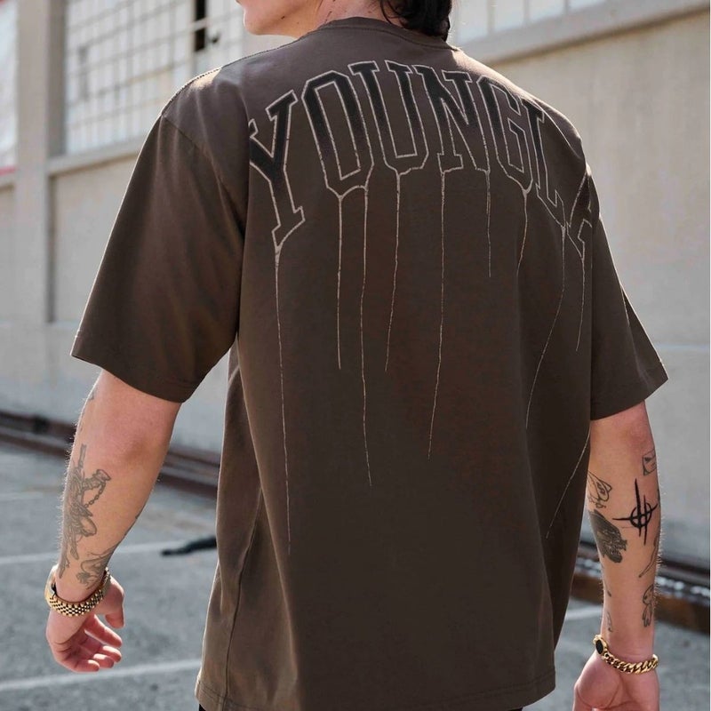 YOUNGLA Mens Oversized T-Shirt Cotton Round Neck Loose Short Sleeve Gym Sports Fitness T-Shirt 240 Fabric White - Image 5