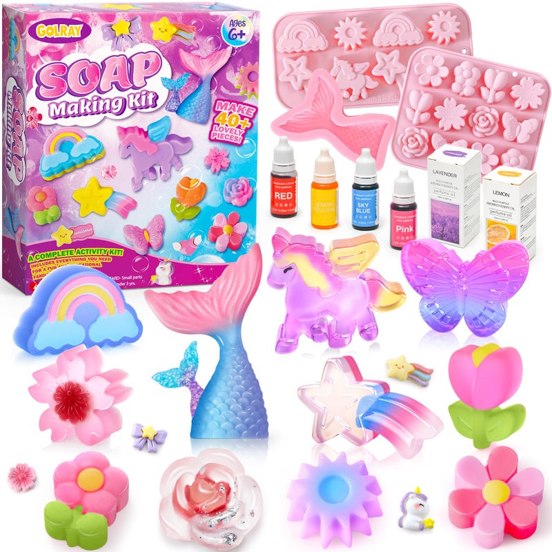 Golray Soap Making Craft Kit for Kids Girl Toys Make 40 Pcs Soap Supplies with UnicornMermaidButterfly Model 2 Essential Oil DIY Science Art and Craft Kit for Kid Girl Age 57 812 Year Old Gift - Image 3