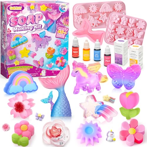Golray Soap Making Craft Kit for Kids Girl Toys Make 40 Pcs Soap Supplies with UnicornMermaidButterfly Model 2 Essential Oil DIY Science Art and Craft Kit for Kid Girl Age 57 812 Year Old Gift - Image 1