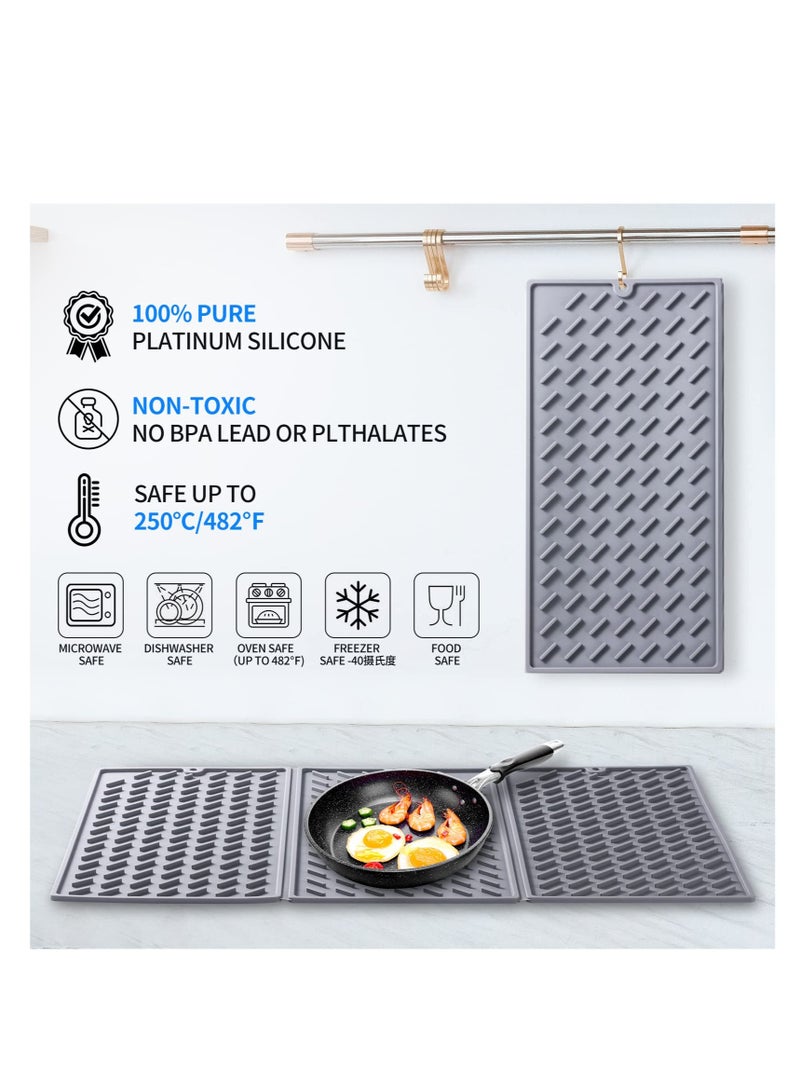 Excefore Collapsible Silicone Dish Drying Mat, Trifold Dish Large Drying Matfor Kitchen Counter, Compact & Easy to Clean, Non-Slip Heat & Cold Resistant Drainer Mats (Grey) 24 x 16 in - Image 3