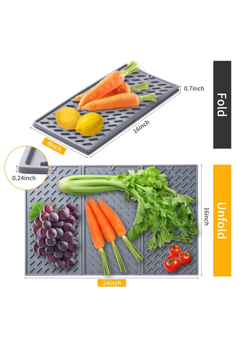 Excefore Collapsible Silicone Dish Drying Mat, Trifold Dish Large Drying Matfor Kitchen Counter, Compact & Easy to Clean, Non-Slip Heat & Cold Resistant Drainer Mats (Grey) 24 x 16 in - Image 2