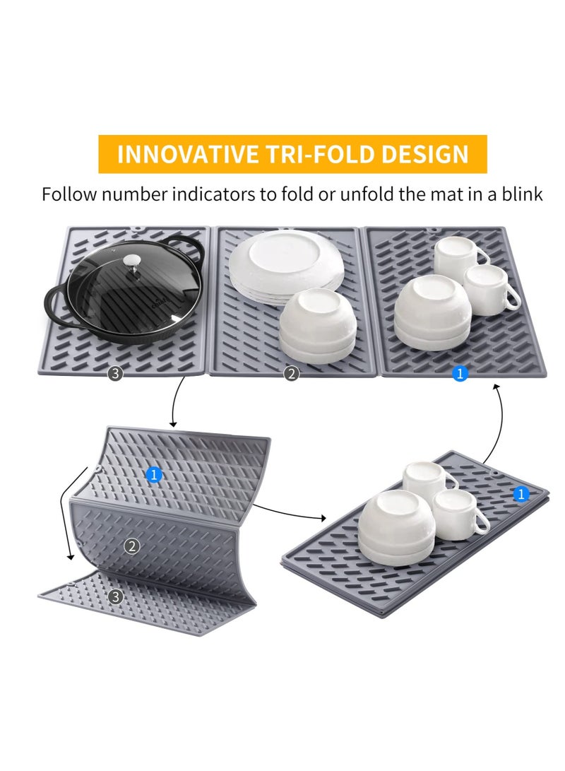 Excefore Collapsible Silicone Dish Drying Mat, Trifold Dish Large Drying Matfor Kitchen Counter, Compact & Easy to Clean, Non-Slip Heat & Cold Resistant Drainer Mats (Grey) 24 x 16 in - Image 5