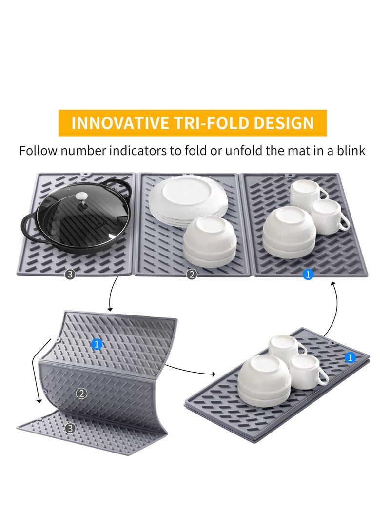 Excefore Collapsible Silicone Dish Drying Mat, Trifold Dish Large Drying Matfor Kitchen Counter, Compact & Easy to Clean, Non-Slip Heat & Cold Resistant Drainer Mats (Grey) 24 x 16 in - Image 4