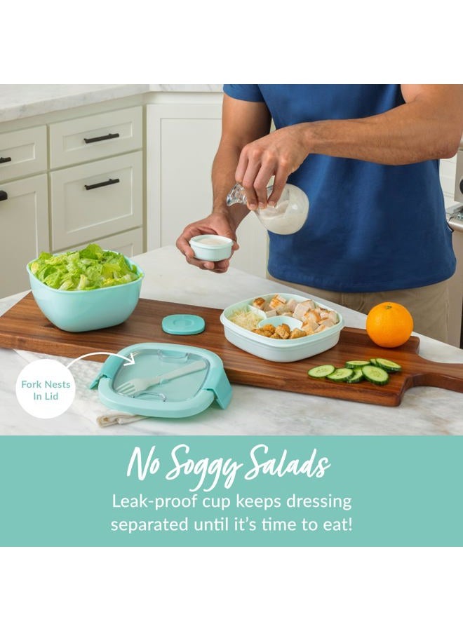 Bentgo ® Salad - Stackable Lunch Container with Large 54-oz Salad Bowl, 4-Compartment Bento-Style Tray for Toppings, 3-oz Sauce Container for Dressings, Built-In Reusable Fork & BPA-Free (Coastal Aqua) - Image 4