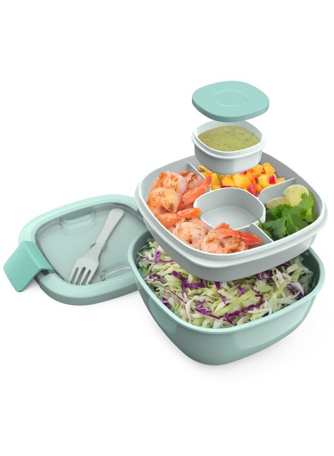 Bentgo ® Salad - Stackable Lunch Container with Large 54-oz Salad Bowl, 4-Compartment Bento-Style Tray for Toppings, 3-oz Sauce Container for Dressings, Built-In Reusable Fork & BPA-Free (Coastal Aqua) - Image 1