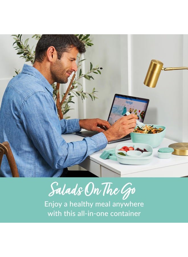 Bentgo ® Salad - Stackable Lunch Container with Large 54-oz Salad Bowl, 4-Compartment Bento-Style Tray for Toppings, 3-oz Sauce Container for Dressings, Built-In Reusable Fork & BPA-Free (Coastal Aqua) - Image 2