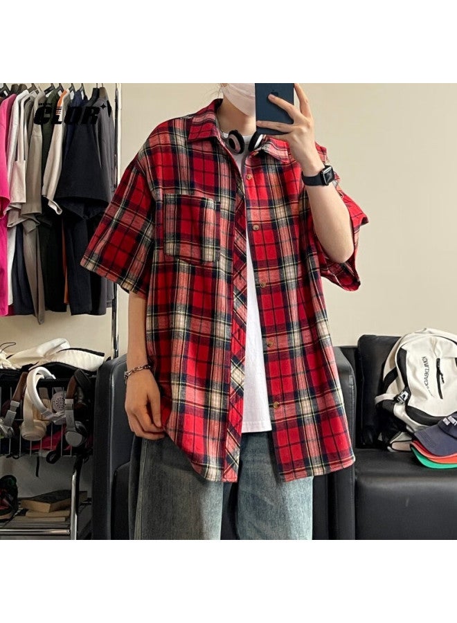Clor American Retro Lapel Plaid Shirt Summer Men's Loose Casual Trend Thin Short Sleeve Clcx05 Yellow L - Image 5