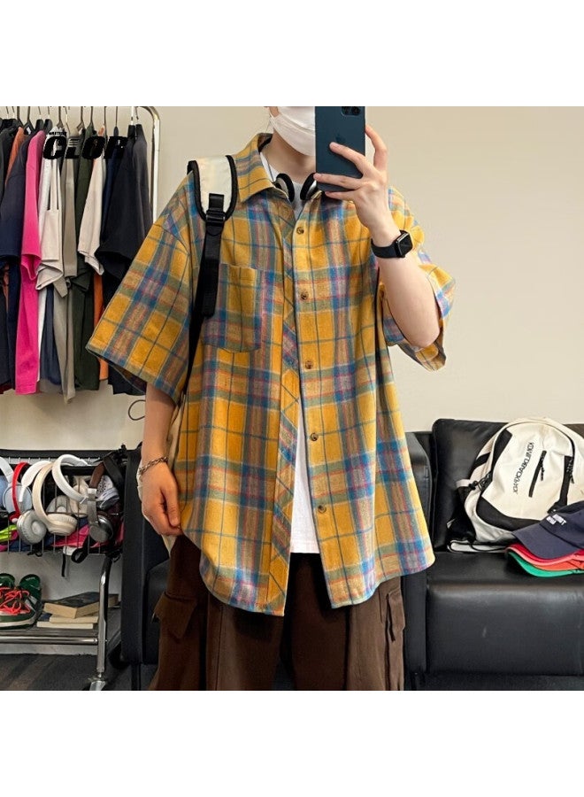 Clor American Retro Lapel Plaid Shirt Summer Men's Loose Casual Trend Thin Short Sleeve Clcx05 Yellow L - Image 3