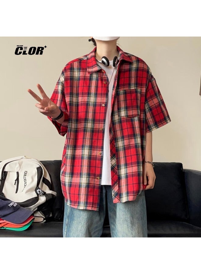 Clor American Retro Lapel Plaid Shirt Summer Men's Loose Casual Trend Thin Short Sleeve Clcx05 Yellow L - Image 4