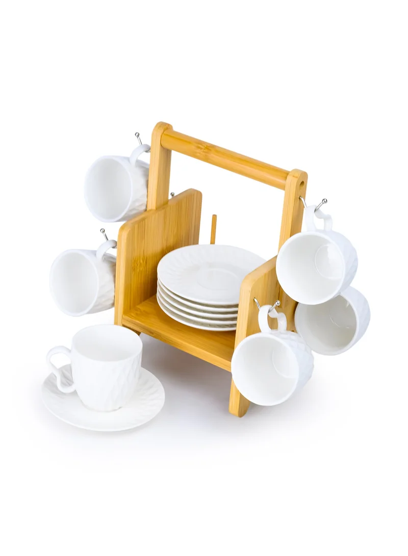 Shallow Shallow Elegant Porcelain Bamboo 6 Cup & 6 Saucer Set with Stand, 90ml