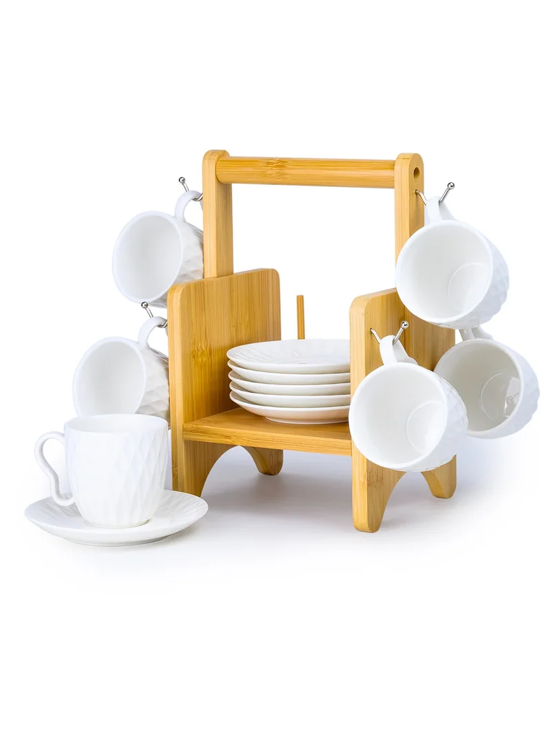 Shallow Shallow Elegant Porcelain Bamboo 6 Cup & 6 Saucer Set with Stand, 90ml