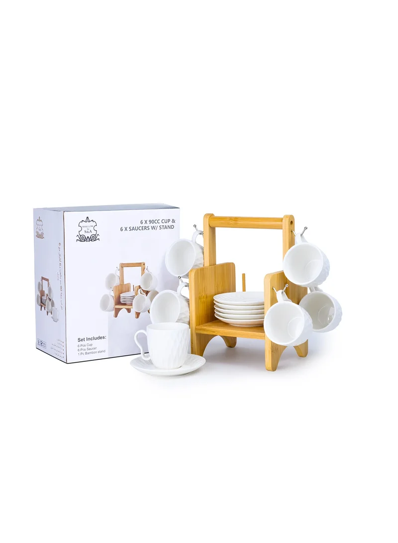 Shallow Shallow Elegant Porcelain Bamboo 6 Cup & 6 Saucer Set with Stand, 90ml