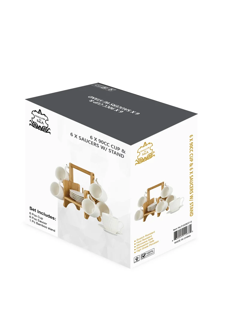Shallow Shallow Elegant Porcelain Bamboo 6 Cup & 6 Saucer Set with Stand, 90ml