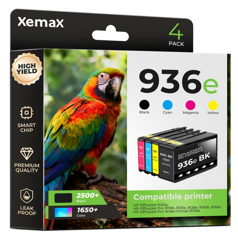 XemaX 936e Ink Cartridges 4 Pack (7450 Pages) Compatible with OfficeJet Pro 9125e 9135e for HP 936e 936XL 936 Ink Work for OfficeJet 9122e Pro 9110b 9125e 9128e 9130b 9135e OfficeJet Pro Wide Format 9730e - Image 1
