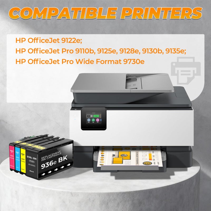 XemaX 936e Ink Cartridges 4 Pack (7450 Pages) Compatible with OfficeJet Pro 9125e 9135e for HP 936e 936XL 936 Ink Work for OfficeJet 9122e Pro 9110b 9125e 9128e 9130b 9135e OfficeJet Pro Wide Format 9730e - Image 2