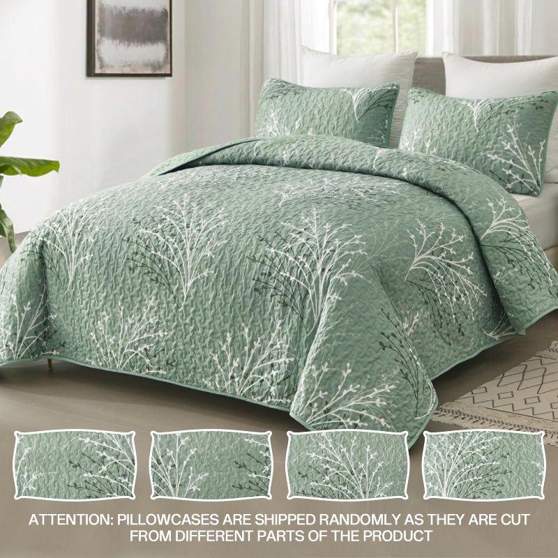 DJY Sage Green Quilt Set King Size - Branch Botanical Pattern Bedspread Coverlet Set, 3 Piece Green Floral Quilt Bedding Set for All Season, 104''x90'' - Image 2