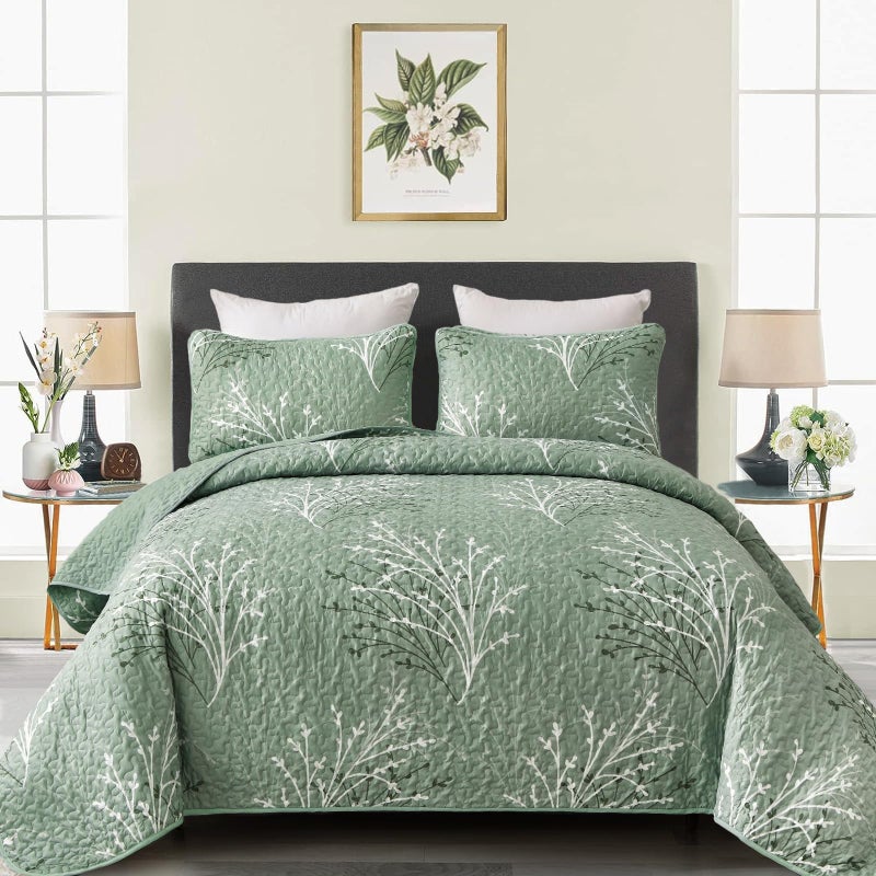 DJY Sage Green Quilt Set King Size - Branch Botanical Pattern Bedspread Coverlet Set, 3 Piece Green Floral Quilt Bedding Set for All Season, 104''x90'' - Image 1