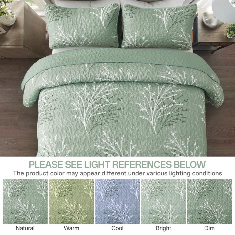 DJY Sage Green Quilt Set King Size - Branch Botanical Pattern Bedspread Coverlet Set, 3 Piece Green Floral Quilt Bedding Set for All Season, 104''x90'' - Image 3