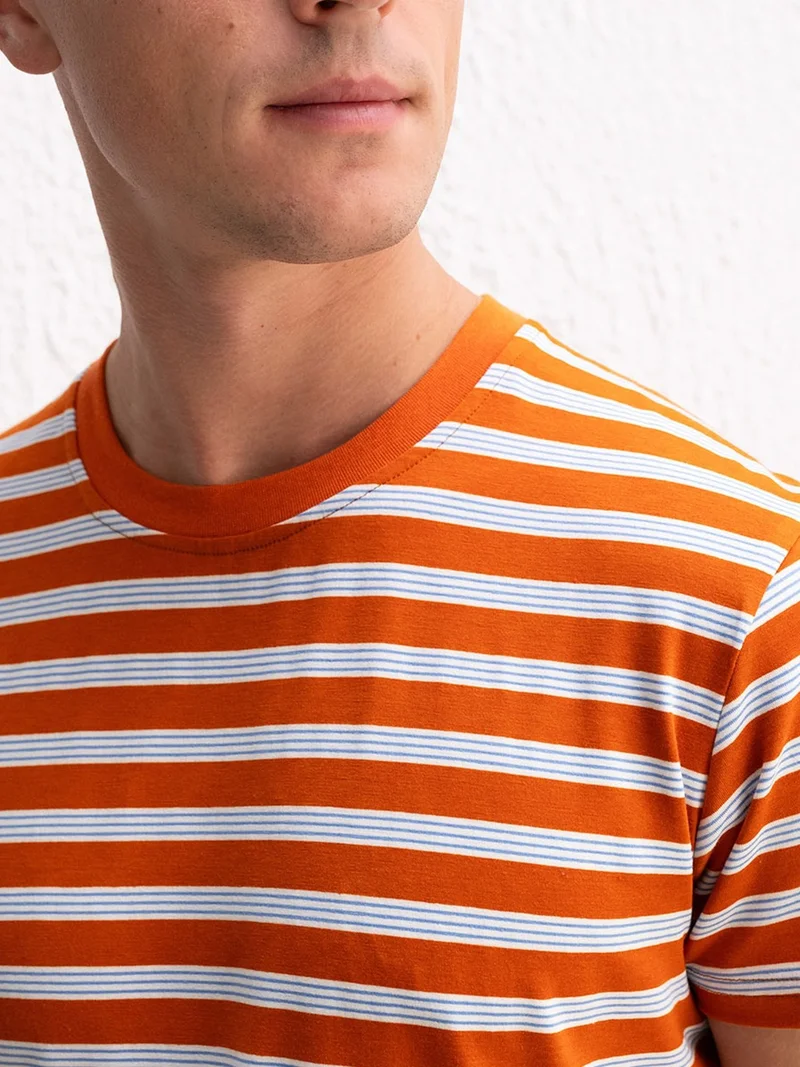 Giesto Brick Red GIESTO Slim Fit Striped Crew Neck T-Shirt for Men | Best Price UAE