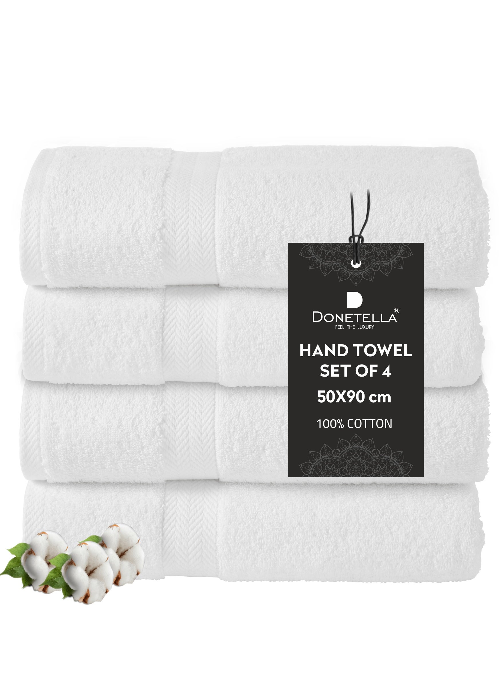 Donetella Premium 100 % Combed Cotton 4-Pcs Hand Towel Set (50 X 90 CM) 600 GSM Super Soft Hand Towel, Highly Absorbent, Quick Dry,Best Towel for Bathroom, Spa And Hotel,White 