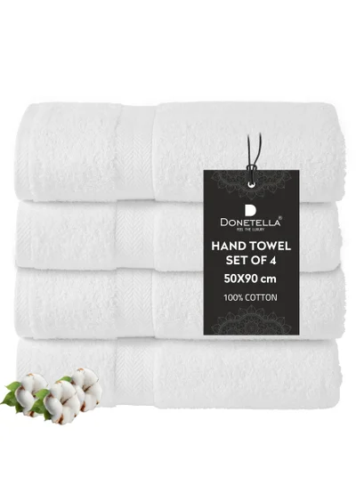Donetella Premium 100 % Combed Cotton 4-Pcs Hand Towel Set (50 X 90 CM) 600 GSM Super Soft Hand Towel, Highly Absorbent, Quick Dry,Best Towel for Bathroom, Spa And Hotel,White