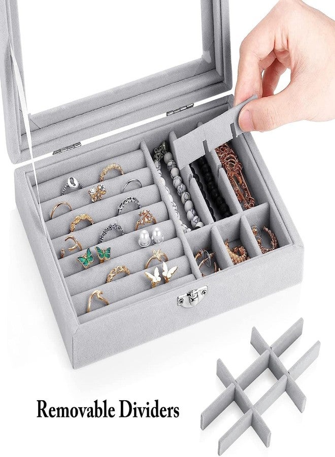 RENARSH Women’s Velvet Glass Ring & Earrings Jewelry Box | Display Storage Showcase Holder Organizer | Small Jewellery Organizer with 9 Grid / 9 Rows | Grey - Image 4