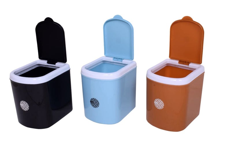 Liza Plastic Small Pull up-Lid Table Dustbin/Desk Dustbin with Attached lid (Black,Blue,Brown) - Set of 3 Pieces - Image 1