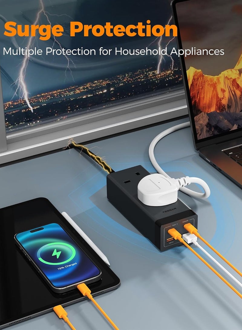 TESSAN Extension Lead With 4 USB Slots, 30W USB C Fast Charge, 2 Way Multi Plug Extension With Surge Protection, 2M Extension Cable, 3250W Multiplug Power Strip TESSAN 6 IN 1 Power Strip 2 AC Outlets, 2 USB A Ports, 2 Type C Ports (30W) With 2M Cable 30W PD Fast Charger For Home, Office, School Supplies Black - Image 4