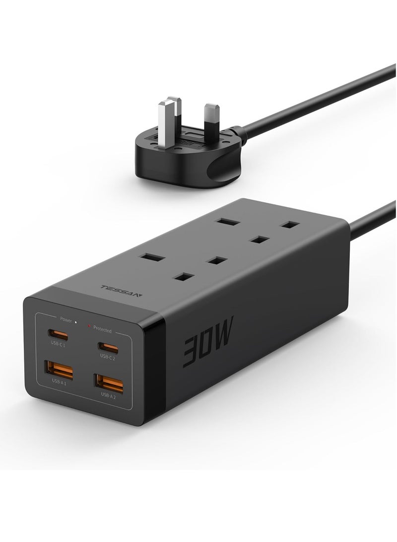 TESSAN Extension Lead With 4 USB Slots, 30W USB C Fast Charge, 2 Way Multi Plug Extension With Surge Protection, 2M Extension Cable, 3250W Multiplug Power Strip TESSAN 6 IN 1 Power Strip 2 AC Outlets, 2 USB A Ports, 2 Type C Ports (30W) With 2M Cable 30W PD Fast Charger For Home, Office, School Supplies Black - Image 1