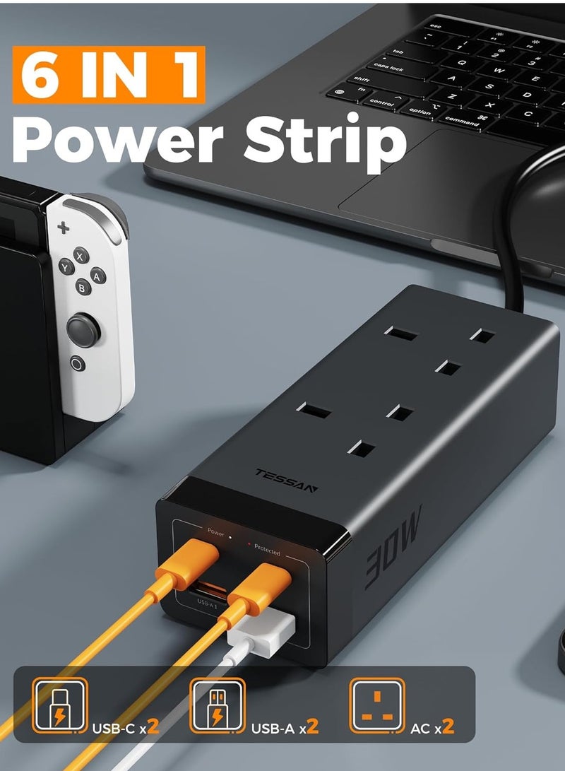 TESSAN Extension Lead With 4 USB Slots, 30W USB C Fast Charge, 2 Way Multi Plug Extension With Surge Protection, 2M Extension Cable, 3250W Multiplug Power Strip TESSAN 6 IN 1 Power Strip 2 AC Outlets, 2 USB A Ports, 2 Type C Ports (30W) With 2M Cable 30W PD Fast Charger For Home, Office, School Supplies Black - Image 2