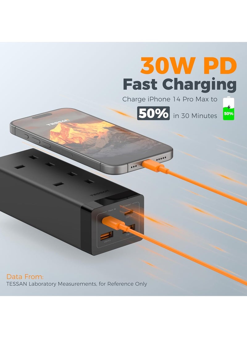 TESSAN Extension Lead With 4 USB Slots, 30W USB C Fast Charge, 2 Way Multi Plug Extension With Surge Protection, 2M Extension Cable, 3250W Multiplug Power Strip TESSAN 6 IN 1 Power Strip 2 AC Outlets, 2 USB A Ports, 2 Type C Ports (30W) With 2M Cable 30W PD Fast Charger For Home, Office, School Supplies Black - Image 3