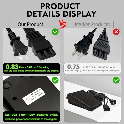 Zasidler Sewing Machine Pedal and Power Cord for Janome & Kenmore, Compatible with Janome 033770217 204d 3125 3128 3434d 415 2212 7318 7933 8002d 11706 HD1000 HD3000 YC-482J-1 Kenmore 385.11206300 385.15516000 - Image 5
