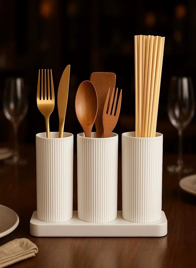 GALV Utensil Holder Caddy with 3 Compartments, Plastic Flatware Cutlery Storage Organizer Box, Countertop Caddy for Silverware, Fork, Spoon, Spatula (1 pcs)(White) - Image 5