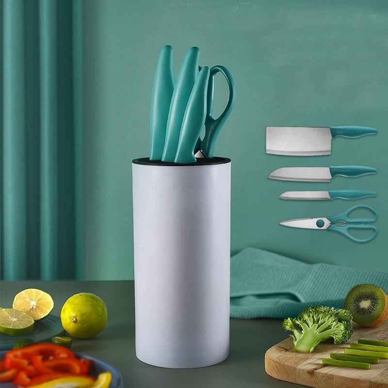 PERMAFROST Stainless Steel Kitchen Knife Set 5 Piece Sharp Knife Set with Plastic Stand NonStick Chef Cooking Set with Block for Cutting Slicing Chopping Paring Knife G Set of 5 Blue Blue - Image 1