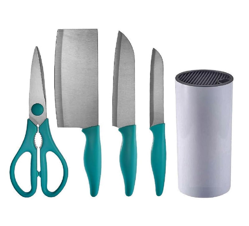 PERMAFROST Stainless Steel Kitchen Knife Set 5 Piece Sharp Knife Set with Plastic Stand NonStick Chef Cooking Set with Block for Cutting Slicing Chopping Paring Knife G Set of 5 Blue Blue - Image 2