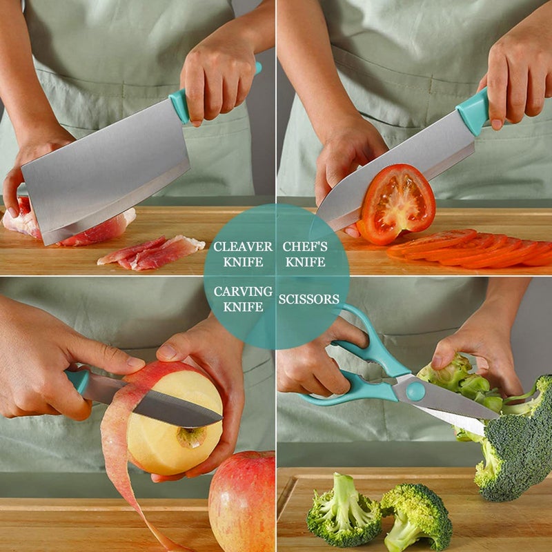 PERMAFROST Stainless Steel Kitchen Knife Set 5 Piece Sharp Knife Set with Plastic Stand NonStick Chef Cooking Set with Block for Cutting Slicing Chopping Paring Knife G Set of 5 Blue Blue - Image 4