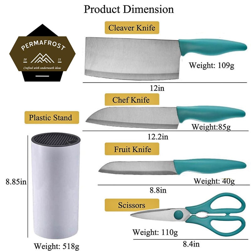 PERMAFROST Stainless Steel Kitchen Knife Set 5 Piece Sharp Knife Set with Plastic Stand NonStick Chef Cooking Set with Block for Cutting Slicing Chopping Paring Knife G Set of 5 Blue Blue - Image 3