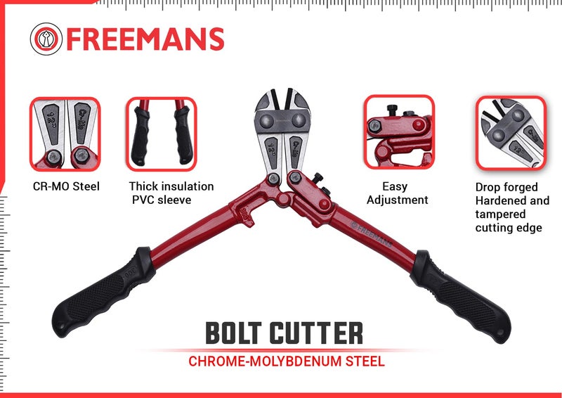 FREEMANS FBC14 14"/350mm Chrome Molybdenum Steel Bolt Cutter With Thick Insulation PVC Sleeve || Easy Adjustment || Drop Forged Hardened and Tampered Cutting Edge - Image 2