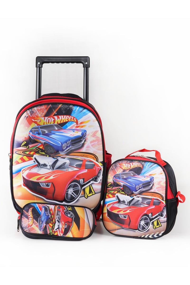 KTMC 3D Cartoon Cars Triple Backpack Set, Pen Bag, Lunch Bag, School Bag for Boys- Black & Red 9910