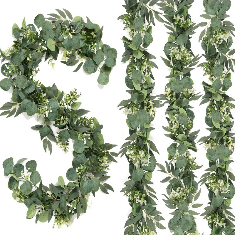 Dremisland 4PCS 22FT Artificial Eucalyptus Garland with Flowers Fake Greenery Garland Fake Hanging Plants Faux Eucalyptus Leaves Willow Foliage Vines for Wedding Party Table Runner Backdrop Wall Decor