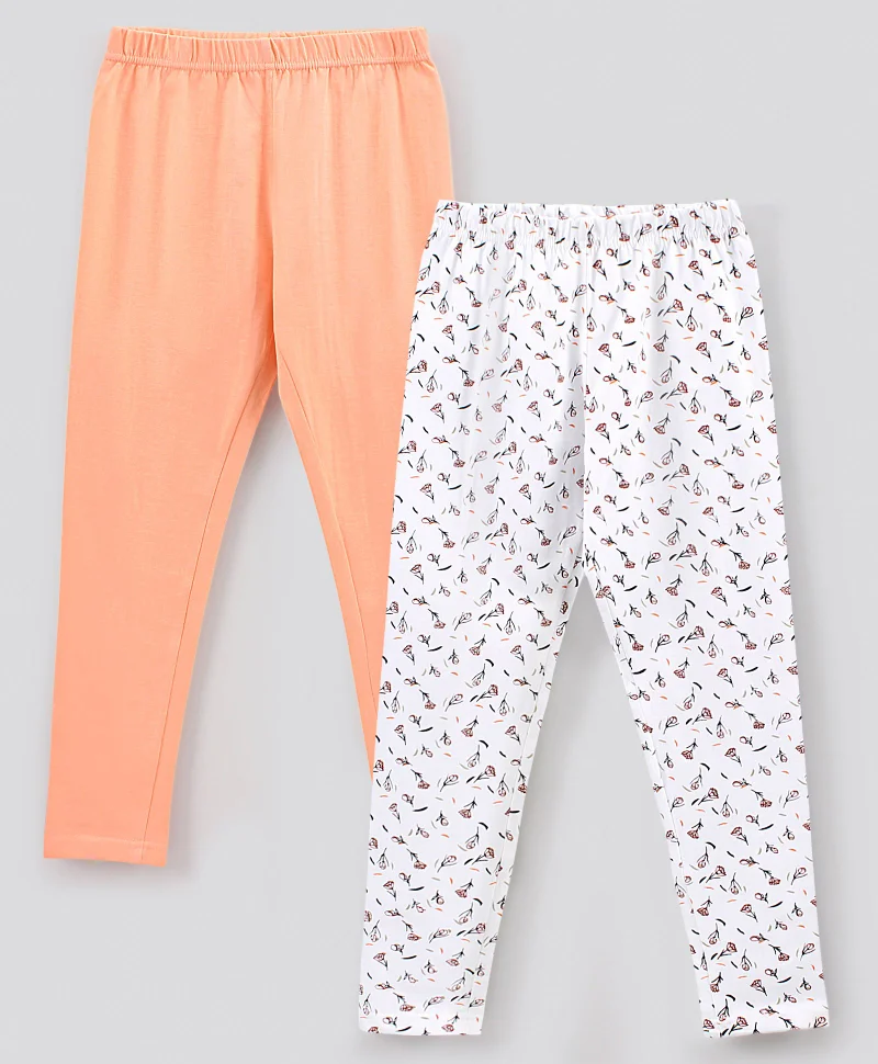 Primo Gino Primo Gino Ankle Length Leggings Solid & Floral Print Pack of 2 - Cream White