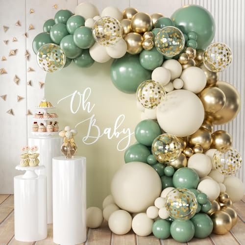 MEBAY Sage Green White Gold Balloon Arch Kit 166Pcs Sage Green White Sand Gold Metallic and Gold Confetti Balloons Garland for Baby Shower Gender Reveal Wedding Jungle Safari Party Decoration - Image 1