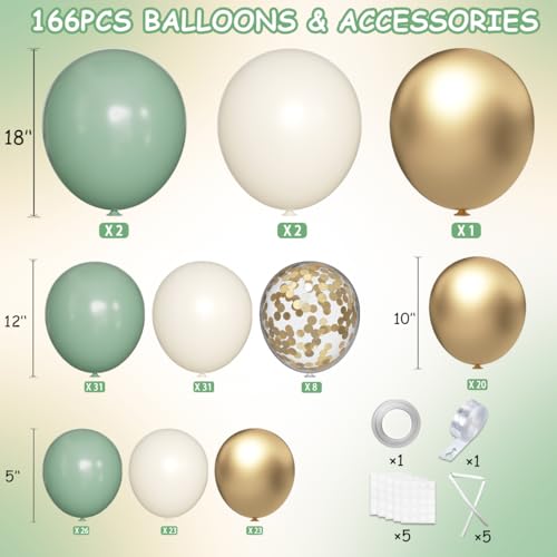MEBAY Sage Green White Gold Balloon Arch Kit 166Pcs Sage Green White Sand Gold Metallic and Gold Confetti Balloons Garland for Baby Shower Gender Reveal Wedding Jungle Safari Party Decoration - Image 5