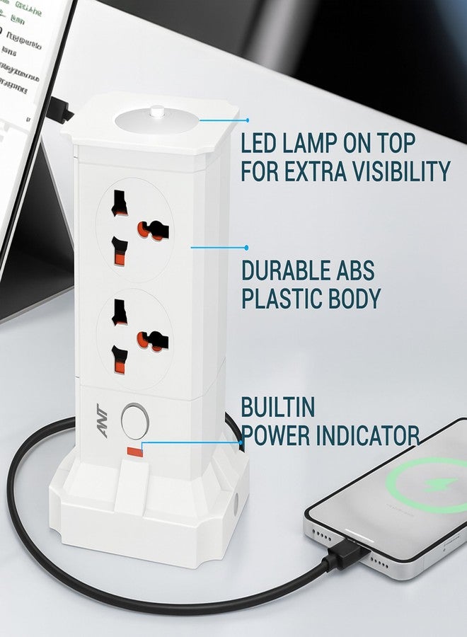 Ant Pulse Tower Extension Board 2500W 10A Power Strip, 4 Universal Sockets, 2USB & 2Type-C Ports, Surge Protector, Vertical Multi Plug Charging Station,LED Night Light for Home Office Gaming Setup - Image 5