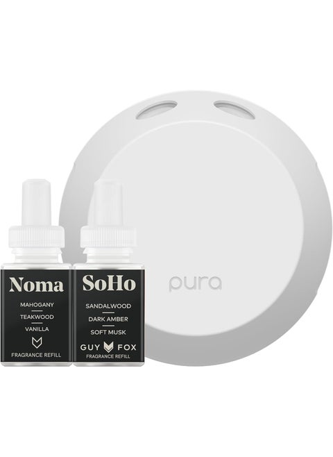 Pura Smart Home Fragrance Device Starter Set - Pura 4 - Scent Diffuser for Home - Includes Fragrance Aroma Diffuser - Square Box, SoHo and Noma Scent Refills