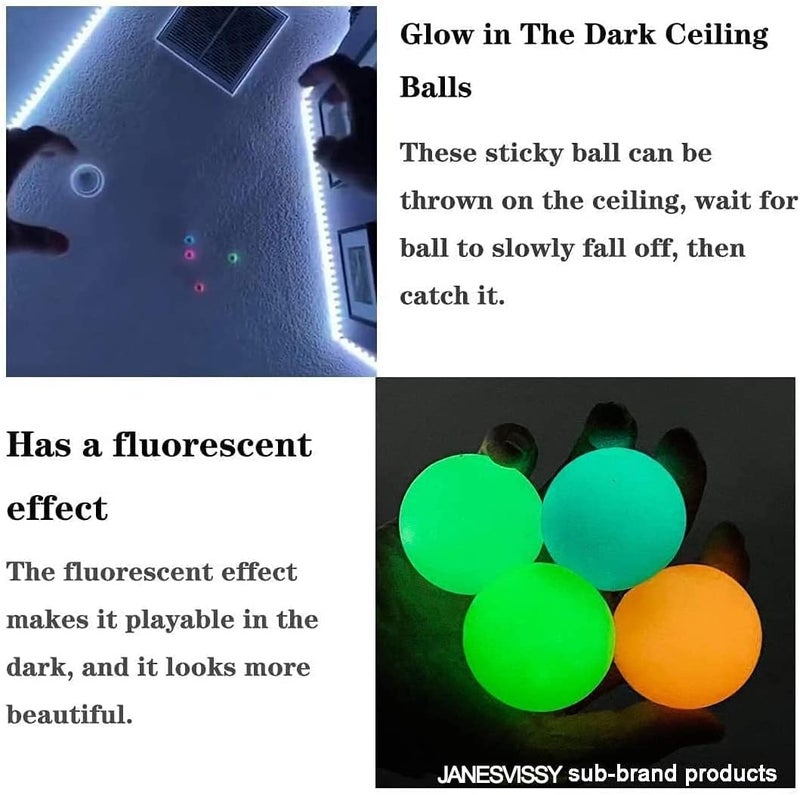 KASTWAVE Luminous Sticky Balls, 4Pcs Glowing Balls, Ceiling Balls Glow in The Dark, Balls for Kids and Adults, Sticky Balls, to The Wall and Roof, Party Favors, Party Supplies for Relax - Image 5