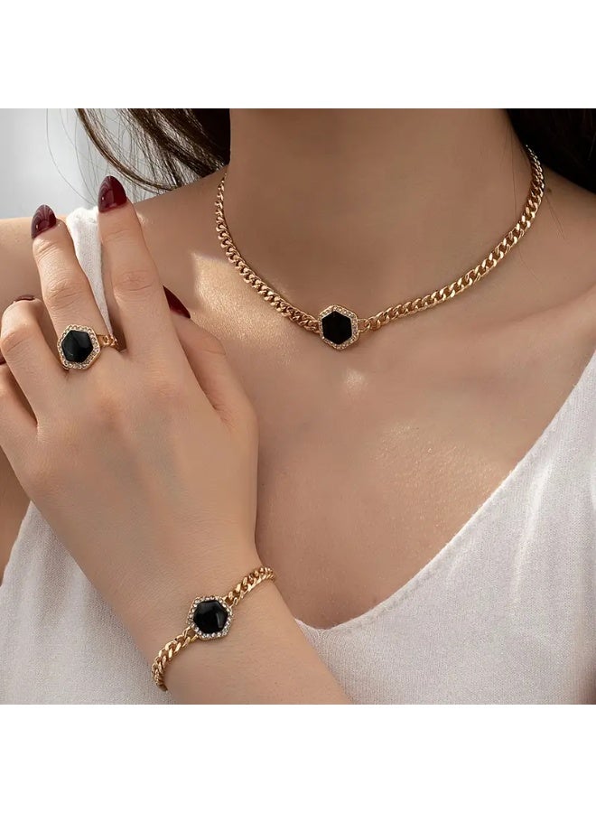 Goolsky Simple Temperament Black Hexagon Pendant Necklace Ring Bracelet 3pcs Jewelry Set – For Women Banquet Accessories, Black Hexagon Matching Set, Formal/Banquet Wear, Luxury Style - Image 1