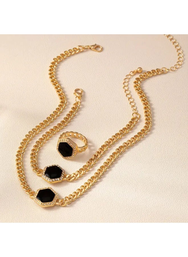 Goolsky Simple Temperament Black Hexagon Pendant Necklace Ring Bracelet 3pcs Jewelry Set – For Women Banquet Accessories, Black Hexagon Matching Set, Formal/Banquet Wear, Luxury Style - Image 3